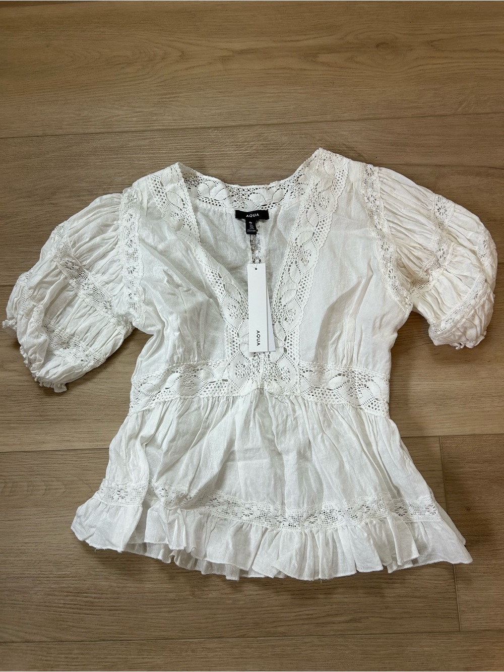 Aqua White Lace-Trim Ruffled Peasant Blouse